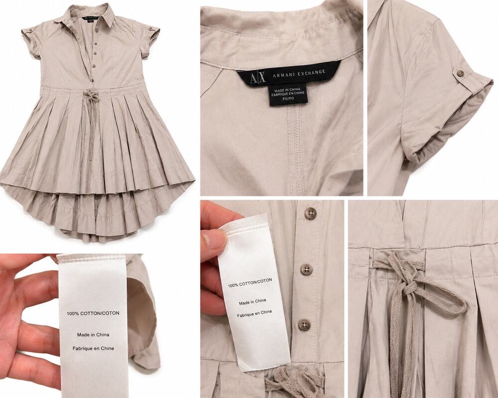 Armani Exchange Shirt Dress Pleated High Low Midi Dress Taupe XXS Neutral
